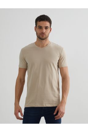 تی شرت بژ مردانه اورسایز یقه هفت تکی طراحی کد 800242455