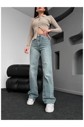 شلوار جین بژ زنانه پاچه راحت فاق بلند جین بلند کد 800673559