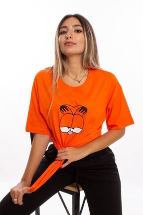 تی شرت نارنجی زنانه یقه گرد پنبه (نخی) اورسایز تکی بیسیک کد 139958923