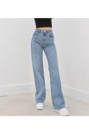 شلوار آبی زنانه جین پاچه گشاد فاق بلند راحت کد 221814597