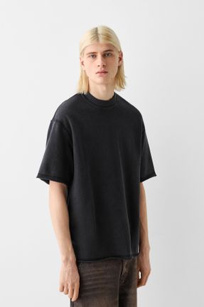 تی شرت مشکی مردانه رگولار یقه دگاژه پنبه (نخی) کد 801206800