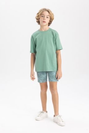 تی شرت سبز بچه گانه رگولار یقه گرد تکی کد 801029428