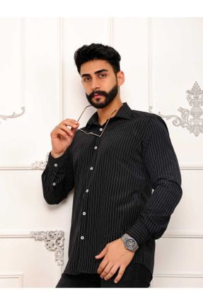 پیراهن مشکی مردانه یقه پیراهنی پنبه - پلی استر اسلیم فیت کد 758032824