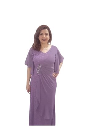لباس مجلسی سایز بزرگ بنفش زنانه یقه هفت ZY BUTİK - کد 800799958
