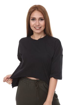 تی شرت مشکی زنانه پنبه (نخی) رگولار یقه گرد بیسیک کد 42127198