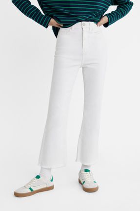 شلوار جین سفید زنانه پاچه گشاد فاق بلند پنبه (نخی) کد 37285797