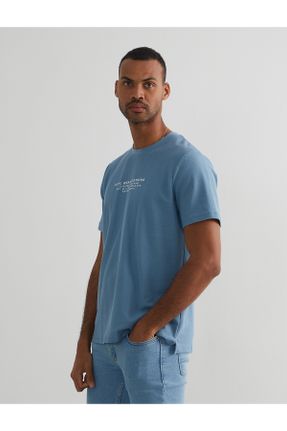 تی شرت آبی مردانه اورسایز یقه گرد تکی طراحی کد 800243179