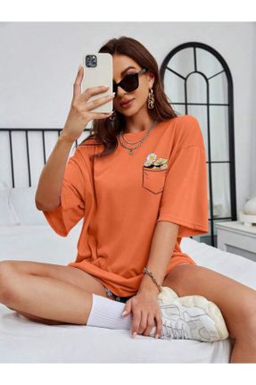 تی شرت نارنجی زنانه یقه گرد مخلوط پلی استر اورسایز کد 800860195