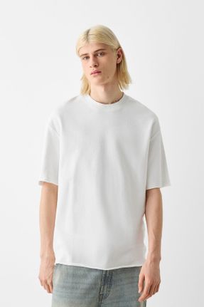 تی شرت سفید مردانه رگولار یقه دگاژه پنبه (نخی) کد 801206729