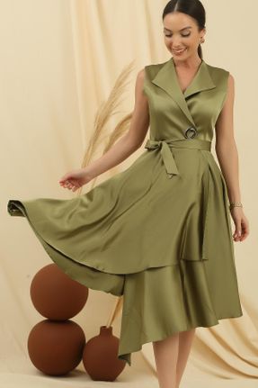 لباس مجلسی سبز زنانه ساتن آستین استاندارد رگولار یقه دوبل بدون آستر کد 801618178
