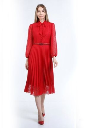 لباس مجلسی سایز بزرگ قرمز زنانه هالترنک شیفون سایز بزرگ آستین بلند کد 234006696