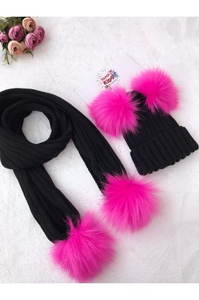 ست شال گردن و کلاه پشمی و دستکش مشکی بچه گانه پنبه ای ŞAPKAKİDS - کد 70096956
