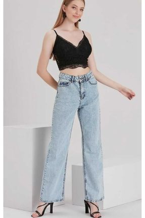 شلوار جین سرمه ای زنانه پاچه راحت فاق بلند جین بلند کد 802015343