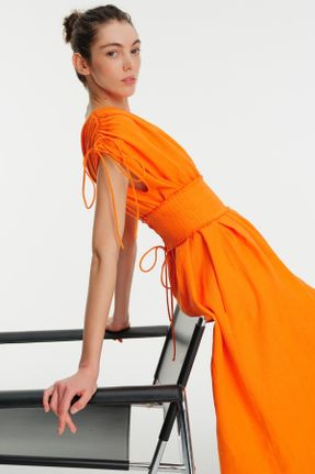 لباس نارنجی زنانه بافتنی کتان رگولار تک آستین کد 801457218