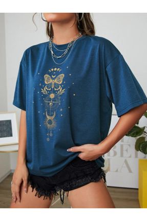 تی شرت آبی زنانه اورسایز یقه گرد پنبه (نخی) کد 802124810