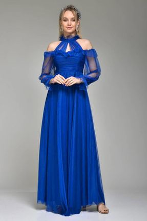 لباس مجلسی آبی زنانه سایز بزرگ یقه دوبل شیفون بدون آستر کد 445125688
