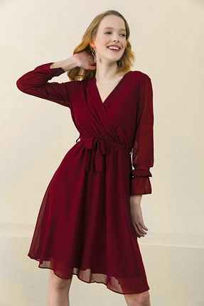 لباس سایز بزرگ زرشکی زنانه شیفون zks grup tekstil - کد 264160727