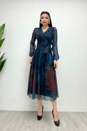 لباس مجلسی آبی زنانه پنبه - پلی استر رگولار یقه هفت آستر دار کد 801327611
