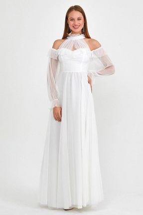 لباس مجلسی سفید زنانه شیفون سایز بزرگ یقه دوبل بدون آستر کد 445089445
