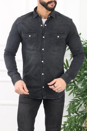 پیراهن مشکی مردانه جین یقه پیراهنی اسلیم فیت کد 208014041