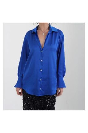 پیراهن آبی زنانه یقه پیراهنی ساتن کد 802287745