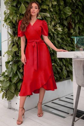 لباس قرمز زنانه بافتنی کرپ آستین-کوتاه کد 251861555