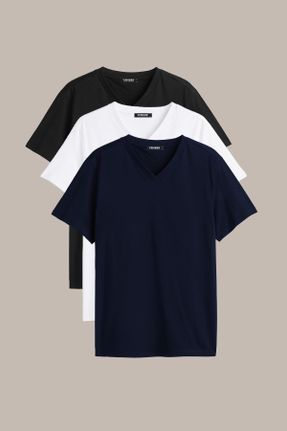 تی شرت سرمه ای مردانه پنبه (نخی) رگولار یقه هفت 3