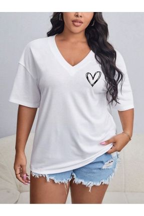 تی شرت سفید زنانه اورسایز یقه گرد پارچه ای تکی کد 802287590