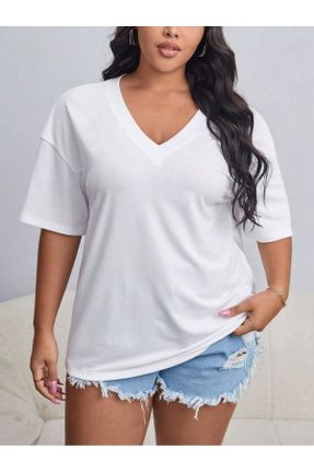 تی شرت سفید زنانه یقه گرد پارچه ای اورسایز تکی کد 802287579
