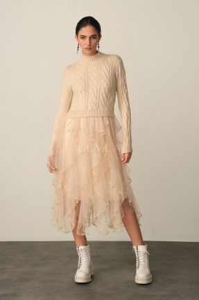 لباس بژ زنانه تریکو اسلیم فیت آستین-بلند کد 802353908
