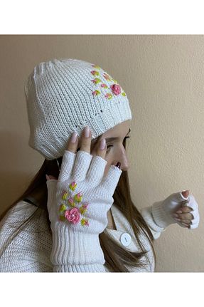 ست شال گردن و کلاه پشمی و دستکش سفید زنانه 2 تایی sema aksesuar - کد 800924448