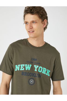 تی شرت خاکی مردانه رگولار یقه گرد پنبه (نخی) تکی کد 741170473