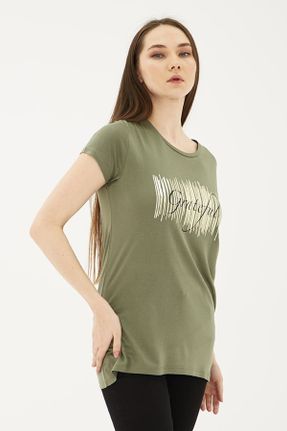 تی شرت خاکی زنانه رگولار یقه گرد ویسکون کد 702269688