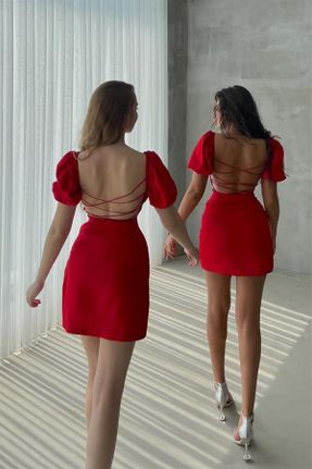 لباس قرمز زنانه بافتنی رگولار آستین-کوتاه بیسیک کد 742702695