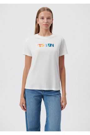 تی شرت سفید زنانه رگولار یقه گرد پنبه (نخی) تکی کد 641621765