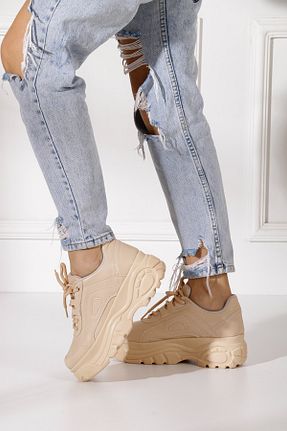 کفش اسنیکر بژ زنانه بند دار İmerShoes - کد 466892985