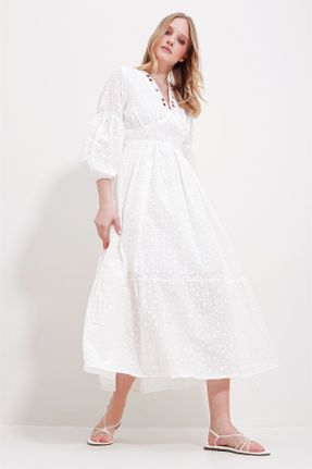 لباس سفید زنانه بافتنی پنبه - پلی استر رگولار کد 803313576
