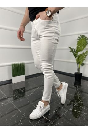 شلوار جین سفید مردانه پاچه تنگ پنبه (نخی) پوشاک ورزشی بلند کد 92539157