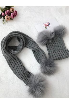 ست شال گردن و کلاه پشمی و دستکش طوسی بچه گانه پنبه ای ŞAPKAKİDS - کد 66981824