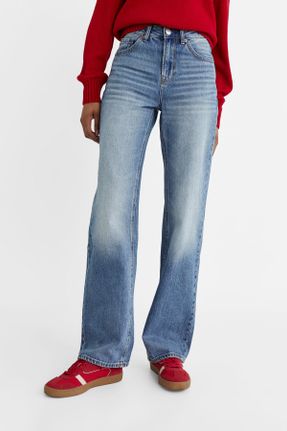 شلوار جین سرمه ای زنانه پاچه لوله ای فاق بلند پنبه (نخی) استاندارد کد 803667947