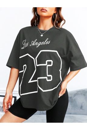 تی شرت طوسی زنانه پنبه - پلی استر اورسایز قابلیت خشک شدن سریع کد 746630777