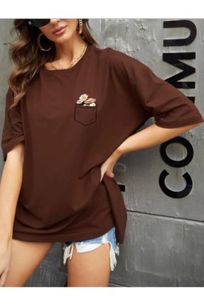 تی شرت قهوه ای زنانه اورسایز یقه گرد پارچه ای تکی بیسیک کد 800846252