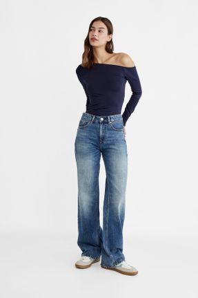 شلوار جین آبی زنانه پاچه لوله ای فاق بلند پنبه (نخی) استاندارد کد 803882286