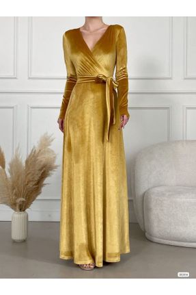 لباس مجلسی طلائی زنانه مخملی رگولار یقه دوبل بدون آستر کد 803896079