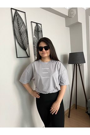 تیشرت طوسی زنانه اورسایز woonkey - کد 803904609