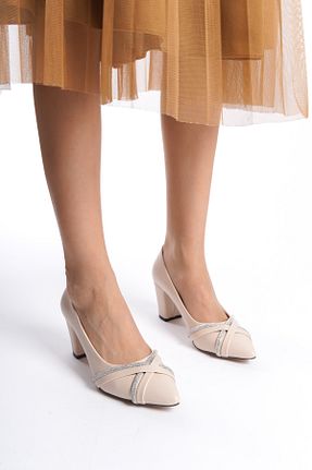 کفش پاشنه بلند کلاسیک بژ زنانه چرم مصنوعی MANOLYA SHOES - کد 804009754