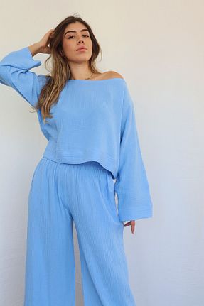 ست بالاتنه و پائین تنه آبی زنانه بافتنی Su Koleksiyon - کد 804383128