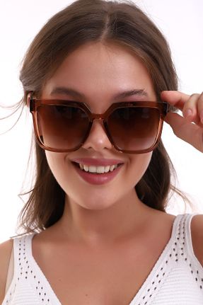 عینک آفتابی قهوه ای زنانه 50 UV400 استخوان مات هندسی کد 379022025