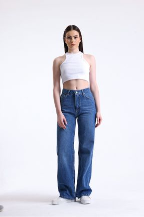 شلوار جین آبی زنانه پاچه دوبل جین ساده استاندارد کد 804041157