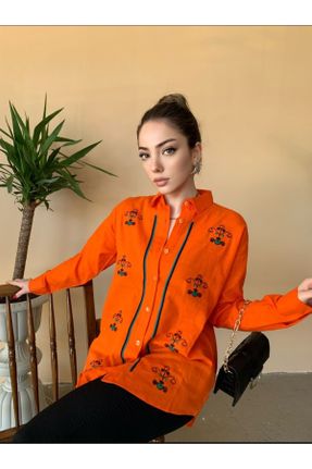 پیراهن نارنجی زنانه اسلیم فیت یقه پیراهنی کتان کد 804357909